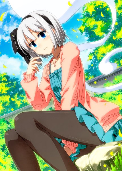 Anime picture 1000x1399 with touhou konpaku youmu myon sazanami mio single tall image blush short hair blue eyes sitting looking away sky silver hair cloud (clouds) outdoors ghost girl dress plant (plants) pantyhose