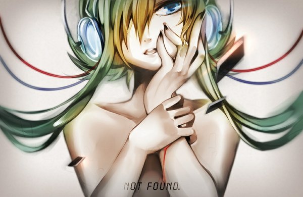 Anime picture 1000x650 with vocaloid gumi nou single long hair fringe open mouth blue eyes simple background blonde hair hair over one eye inscription grey background girl headphones blood wire (wires)