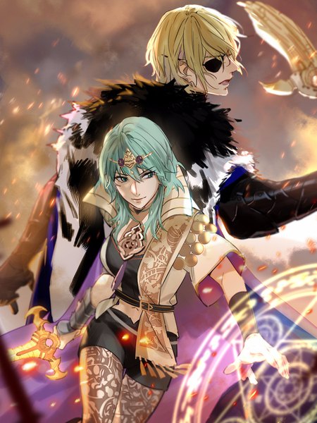 Anime picture 1500x2000 with fire emblem fire emblem: three houses nintendo byleth (fire emblem) dimitri alexandre blaiddyd byleth (female) (fire emblem) enlightened byleth (female) tang xinzi tall image fringe open mouth blonde hair hair between eyes green eyes looking away profile green hair short sleeves fur trim thigh gap