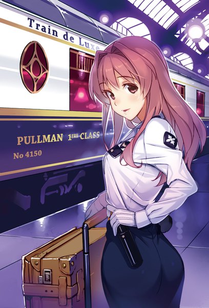 Anime picture 1252x1841 with rail wars! koumi haruka vania600 single long hair tall image looking at viewer blush breasts brown hair brown eyes from behind turning head girl gloves uniform white gloves train suitcase emblem