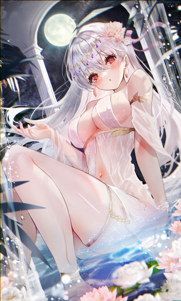 Anime picture 3473x5754 with fate (series) fate/grand order kama (fate) chiachun0621 single long hair tall image looking at viewer blush fringe highres breasts light erotic hair between eyes red eyes large breasts sitting absurdres silver hair bent knee (knees)
