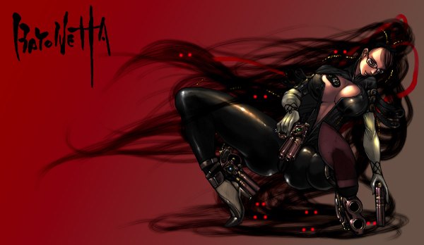 Anime picture 1200x697 with bayonetta bayonetta (character) single black hair wide image yellow eyes very long hair inscription open clothes girl gloves ribbon (ribbons) hair ribbon earrings glasses elbow gloves gun pistol