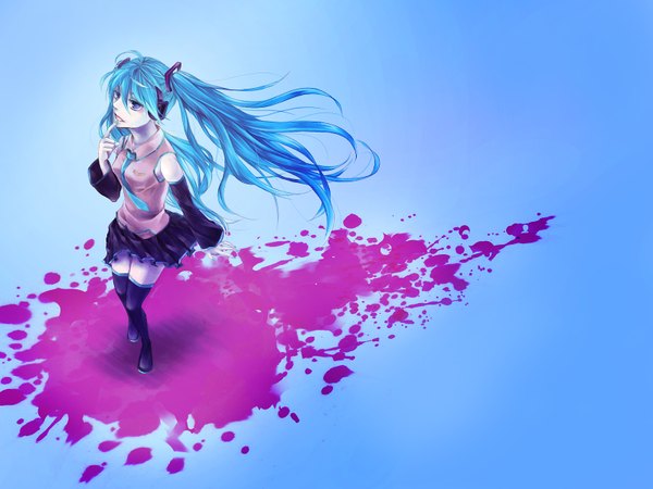 Anime picture 1600x1200 with vocaloid hatsune miku single long hair simple background aqua eyes aqua hair finger to mouth girl skirt detached sleeves necktie