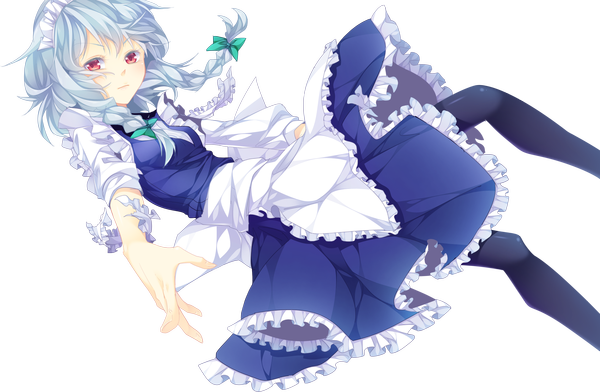 Anime picture 2179x1426 with touhou izayoi sakuya ekureeru (artist) single looking at viewer highres short hair red eyes white hair braid (braids) maid twin braids transparent background girl dress bow hair bow frills headdress maid headdress