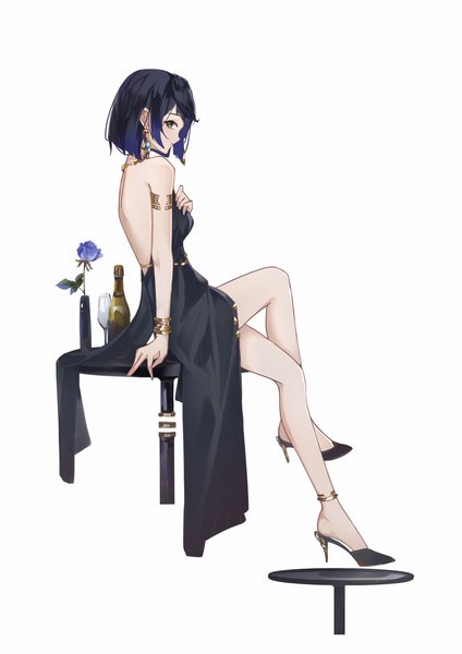 Anime picture 2480x3508 with genshin impact yelan (genshin impact) spica-sh single tall image looking at viewer highres short hair black hair simple background white background sitting green eyes full body profile bare legs high heels alternate costume crossed legs girl