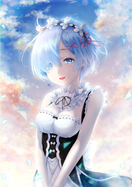 Anime picture 2149x3035 with re:zero kara hajimeru isekai seikatsu white fox rem (re:zero) pura single tall image fringe highres breasts open mouth blue eyes smile large breasts standing bare shoulders blue hair sky cleavage cloud (clouds) upper body