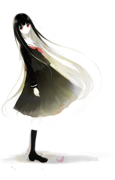 Anime picture 641x1000 with hell girl studio deen enma ai mutsui single tall image looking at viewer fringe black hair red eyes standing white background very long hair wind shadow turning head white skin girl skirt uniform