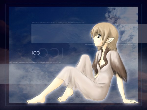 Anime picture 1600x1200 with ico (game) yorda single long hair brown hair sitting payot looking away full body barefoot pointy ears black eyes elf girl dress