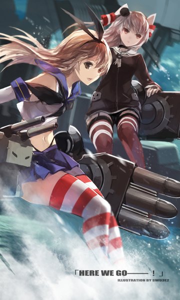 Anime picture 794x1323 with kantai collection shimakaze destroyer rensouhou-chan amatsukaze destroyer swd3e2 long hair tall image blonde hair multiple girls brown eyes looking away inscription bare belly grey eyes two side up girl thighhighs dress skirt gloves