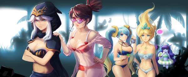 Anime picture 1500x621 with league of legends sona buvelle lulu (league of legends) ashe (league of legends) janna windforce vayne (league of legends) dakun87 (artist) long hair breasts open mouth blue eyes light erotic blonde hair smile brown hair wide image twintails bare shoulders multiple girls green eyes