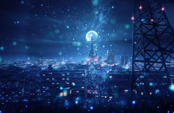 Anime picture 2300x1500 with original kenzo 093 kijineko single long hair highres standing outdoors night night sky city cityscape landscape scenic collaboration girl building (buildings) moon star (stars) skyscraper