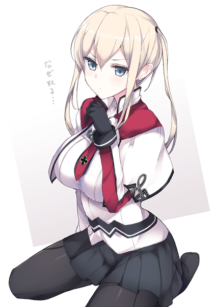 Anime picture 600x848 with kantai collection graf zeppelin (kantai collection) haruyuki (yukichasoba) single long hair tall image looking at viewer fringe breasts blue eyes blonde hair sitting twintails pleated skirt no shoes girl skirt gloves uniform miniskirt