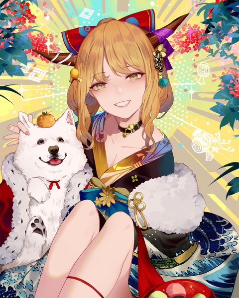 Anime picture 960x1200 with touhou ibuki suika hillly (maiwetea) single long hair tall image looking at viewer blonde hair sitting brown eyes nail polish traditional clothes parted lips head tilt japanese clothes horn (horns) new year pink nail polish girl animal