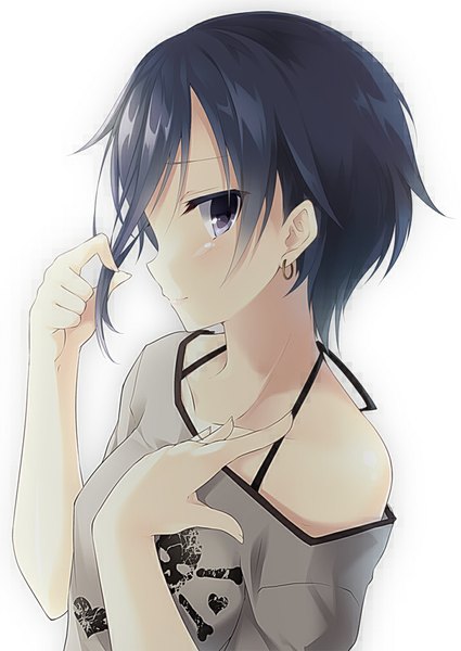 Anime picture 724x1023 with original toosaka asagi single tall image short hair blue eyes simple background white background bare shoulders blue hair profile girl earrings