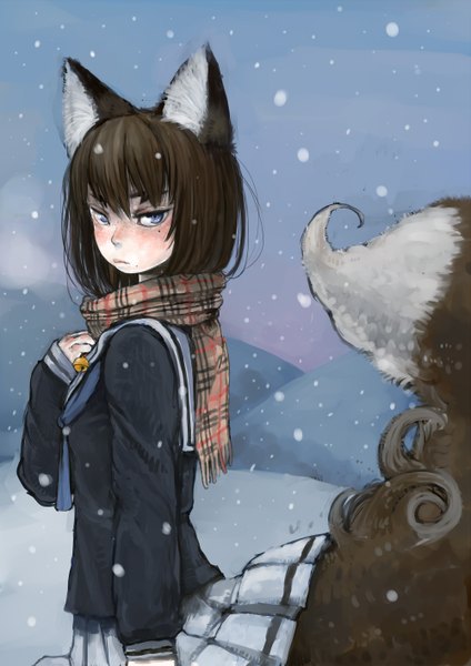 Anime picture 1000x1414 with original ebi (ebimomo) single tall image looking at viewer blush fringe short hair blue eyes brown hair animal ears tail animal tail pleated skirt mole mole under eye fox ears hand on chest fox tail snowing