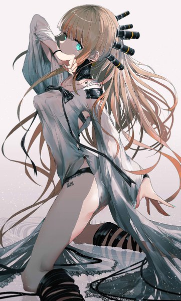 Anime picture 1506x2498 with original swav single long hair tall image looking at viewer fringe breasts light erotic blonde hair blunt bangs aqua eyes grey background tears kneeling gradient background reflection side slit covered mouth girl