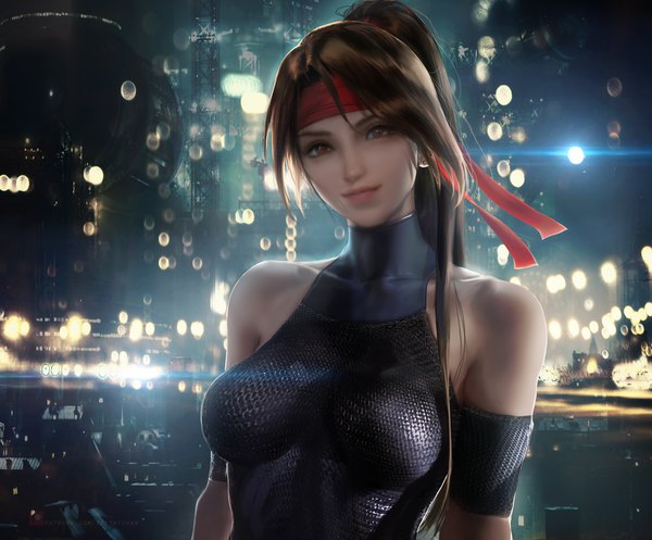 Anime picture 3900x3233 with final fantasy final fantasy vii final fantasy vii remake square enix jessie rasberry sakimichan single long hair looking at viewer fringe highres breasts smile brown hair bare shoulders brown eyes payot absurdres upper body ponytail