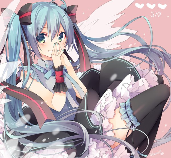 Anime picture 800x740 with vocaloid hatsune miku kuroi (liar-player) single looking at viewer blush fringe hair between eyes twintails green eyes signed ahoge very long hair nail polish aqua hair sleeveless pink background covered mouth hands clasped white wings