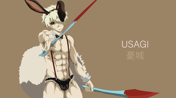 Anime picture 10240x5760 with juuni taisen usagi (juuni taisen) laitofai single looking at viewer fringe highres short hair light erotic blonde hair simple background smile red eyes wide image holding animal ears absurdres tail head tilt animal tail