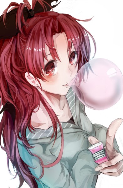 Anime picture 1050x1600 with mahou shoujo madoka magica shaft (studio) sakura kyouko kafi single long hair tall image looking at viewer blush simple background red eyes white background ponytail red hair from above symbol-shaped pupils girl bow hair bow bubblegum