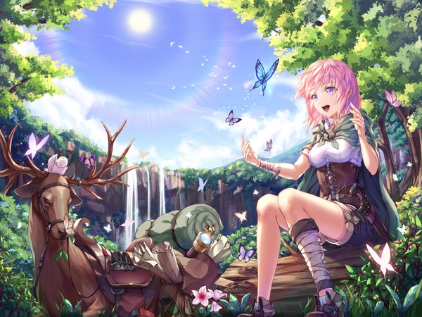 Anime picture 4000x3000 with original chyopeuteu single highres short hair open mouth sitting purple eyes looking away pink hair absurdres sky bent knee (knees) :d sunlight bare tree nature waterfall animal on head tree sitting