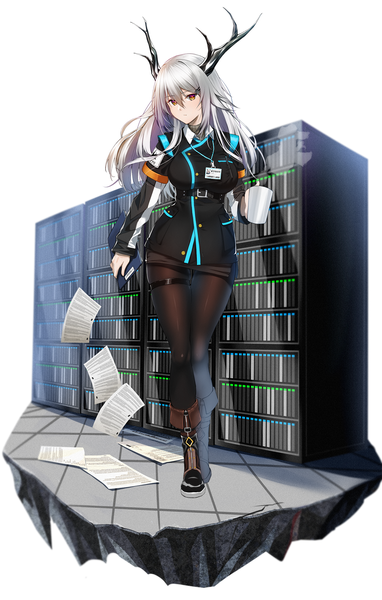 Anime picture 1500x2352 with arknights original hypergryph (arknights) bishi (bishi) single long hair tall image looking at viewer fringe breasts simple background hair between eyes purple eyes holding yellow eyes full body long sleeves head tilt horn (horns) grey hair