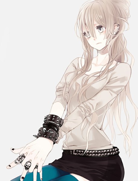 Anime picture 610x800 with original shikishima (eiri) single long hair tall image blonde hair simple background sitting brown eyes nail polish girl thighhighs skirt bracelet ring skull spiked bracelet