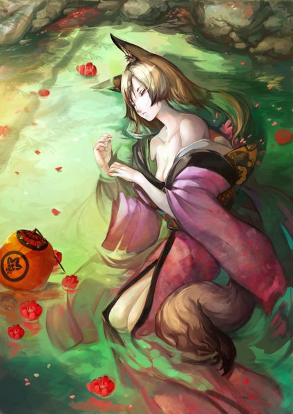 Anime picture 900x1273 with narongchai singhapand single long hair tall image fringe breasts brown hair bare shoulders animal ears tail lying eyes closed traditional clothes japanese clothes animal tail no bra wet legs fox ears fox tail