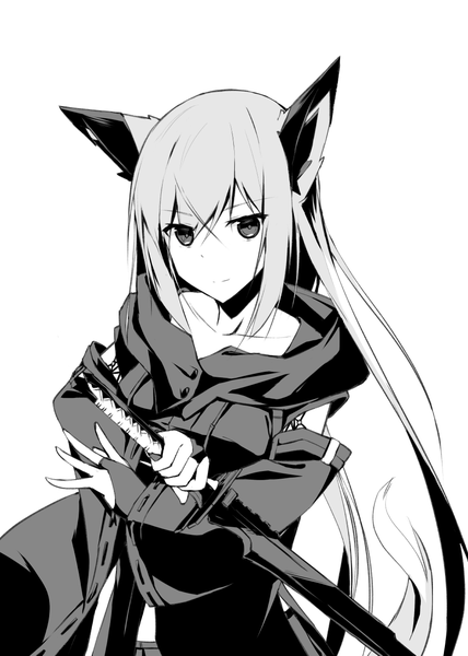 Anime picture 893x1253 with original nagishiro mito single long hair tall image looking at viewer fringe simple background hair between eyes standing white background holding animal ears tail animal tail light smile fox ears fox tail fox girl monochrome