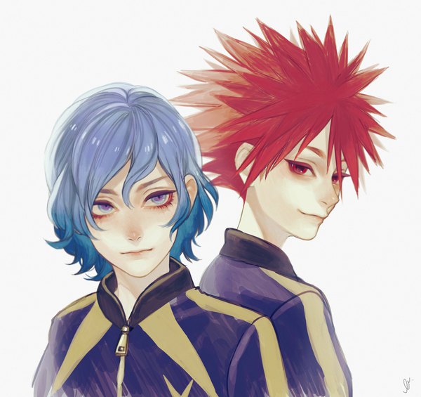 Anime picture 2295x2162 with inazuma eleven sasotsuka eiji mizukamiya seiryuu fioletovyy looking at viewer fringe highres short hair blue eyes simple background smile hair between eyes red eyes white background blue hair looking away upper body red hair looking back multiple boys