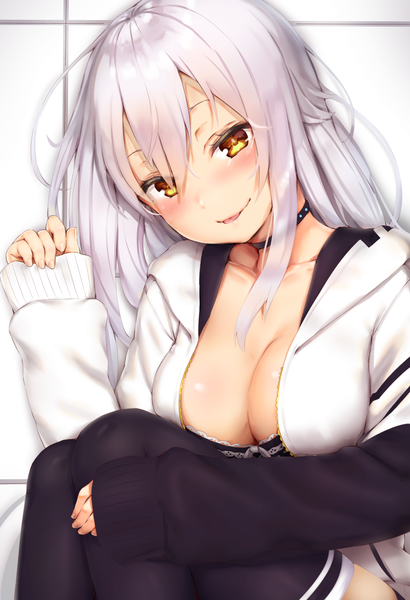 Anime picture 1025x1500 with virtual youtuber azuma lim channel azuma lim reinama single long hair tall image looking at viewer blush fringe breasts light erotic large breasts sitting yellow eyes cleavage silver hair head tilt fingernails open clothes