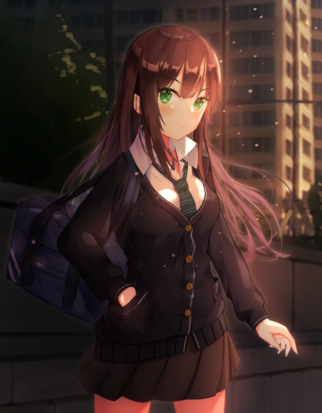 Anime picture 1200x1539 with idolmaster idolmaster cinderella girls shibuya rin seero single long hair tall image looking at viewer blush fringe hair between eyes brown hair standing green eyes payot outdoors pleated skirt wind depth of field open collar