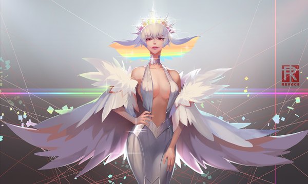 Anime picture 1334x800 with kill la kill studio trigger kiryuuin ragyou liyu jun single looking at viewer short hair breasts light erotic red eyes wide image multicolored hair hand on hip colored inner hair girl dress crown rainbow