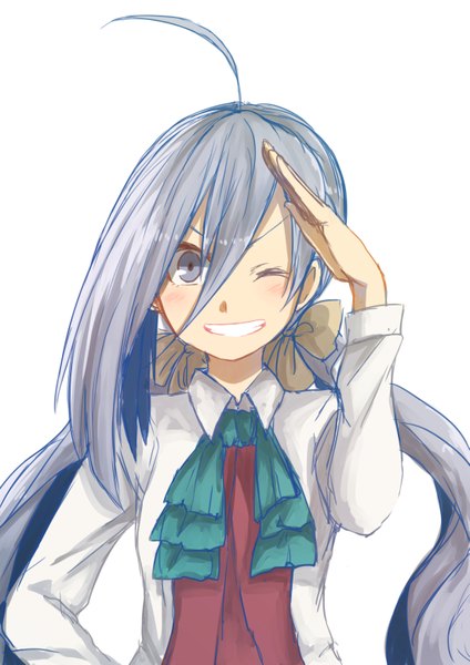 Anime picture 1105x1563 with kantai collection kiyoshimo destroyer tsukamoto minori single long hair tall image looking at viewer blush simple background smile white background purple eyes twintails purple hair ahoge one eye closed wink hand on hip salute girl