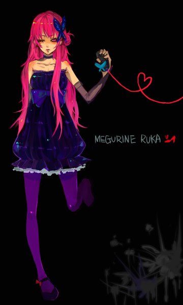 Anime picture 1200x2000 with vocaloid megurine luka sono (pixiv) long hair tall image bare shoulders pink hair one eye closed pink eyes wink inscription girl dress hair ornament insect butterfly microphone butterfly hair ornament wire (wires)