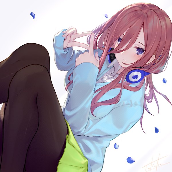 Anime picture 2048x2048 with go-toubun no hanayome nakano miku takubon single long hair looking at viewer blush fringe highres breasts simple background hair between eyes brown hair purple eyes signed parted lips sleeves past wrists headphones around neck girl skirt