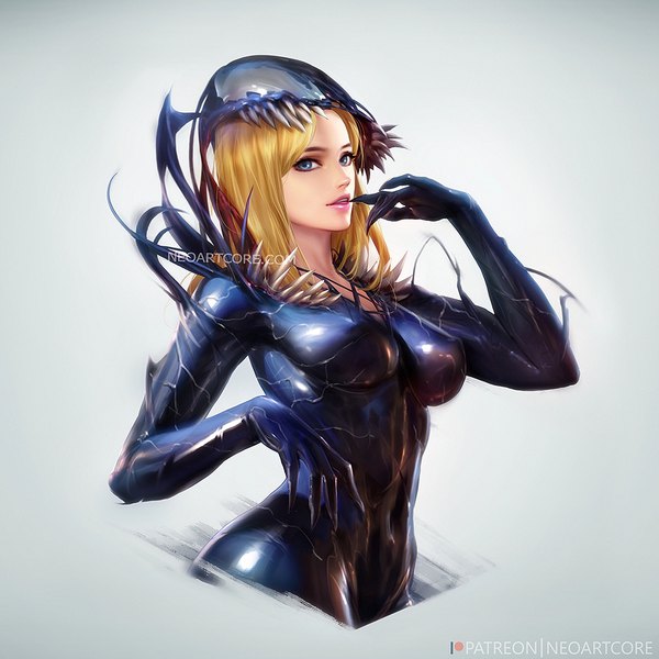 Anime picture 1000x1000 with marvel comics ann weying she-venom nudtawut thongmai single long hair looking at viewer fringe breasts open mouth blue eyes blonde hair simple background signed upper body realistic grey background lipstick covered navel finger to mouth