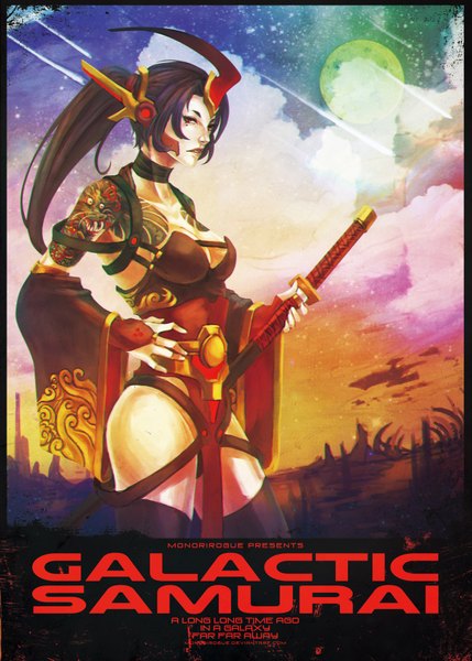 Anime picture 2631x3676 with galactic samurai (artbook) monori rogue single long hair tall image highres breasts light erotic black hair red eyes ponytail lips mole tattoo mole under eye girl thighhighs weapon black thighhighs detached sleeves