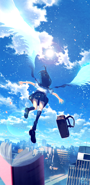 Anime picture 488x1000 with original mocha (cotton) single long hair tall image black hair sky cloud (clouds) full body from behind sunlight flying architecture girl uniform school uniform wings serafuku school bag sun