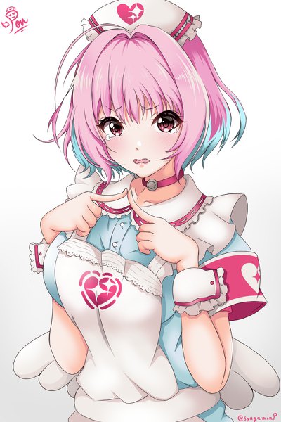 Anime picture 800x1200 with idolmaster idolmaster cinderella girls yumemi riamu pon (syugaminp) single tall image looking at viewer blush fringe short hair open mouth simple background hair between eyes red eyes standing white background signed pink hair ahoge multicolored hair
