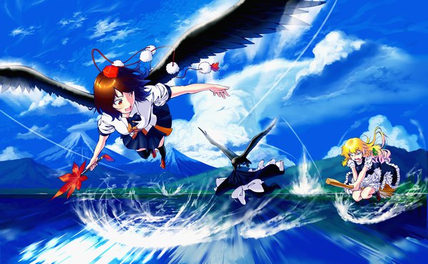 Anime picture 2350x1452 with touhou kirisame marisa shameimaru aya blew andwhite long hair fringe highres short hair open mouth blue eyes black hair blonde hair red eyes wide image multiple girls holding sky cloud (clouds) braid (braids) short sleeves