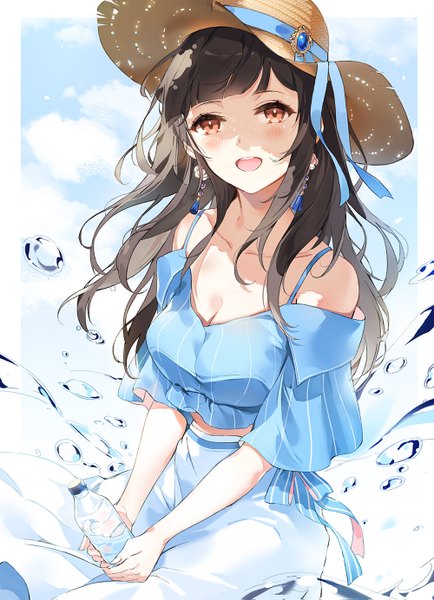 Anime picture 1000x1383 with original emyo single long hair tall image looking at viewer blush fringe breasts open mouth black hair smile standing holding brown eyes sky cleavage cloud (clouds) outdoors blunt bangs