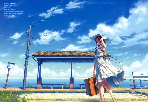 Anime picture 2600x1790 with original hisakata souji single highres blue eyes black hair sky cloud (clouds) girl hat bag sundress power lines