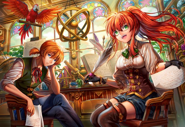 Anime picture 1400x963 with original ells (ellsat) long hair looking at viewer fringe breasts open mouth blue eyes smile hair between eyes sitting holding green eyes ponytail indoors orange hair arm support teeth crossed legs hand on face