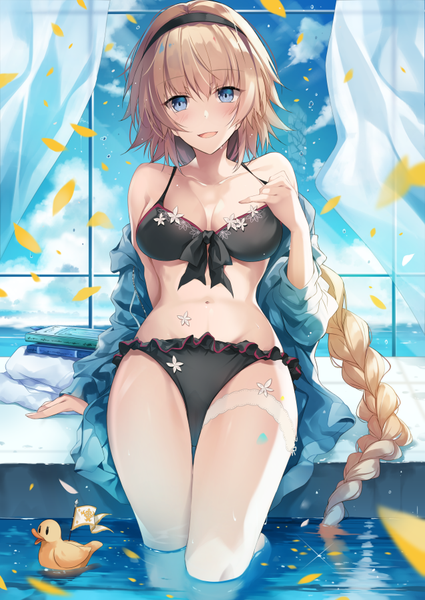 Anime picture 637x900 with fate (series) fate/grand order jeanne d'arc (fate) (all) jeanne d'arc (swimsuit archer) hirai yuzuki single tall image looking at viewer blush fringe breasts open mouth blue eyes light erotic blonde hair smile hair between eyes sitting bare shoulders sky