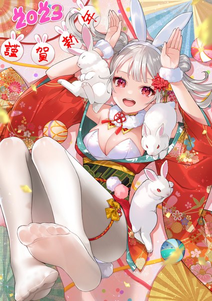 Anime picture 1100x1556 with original nima (niru54) single long hair tall image looking at viewer breasts open mouth light erotic red eyes large breasts twintails animal ears cleavage silver hair traditional clothes :d japanese clothes bunny ears no shoes