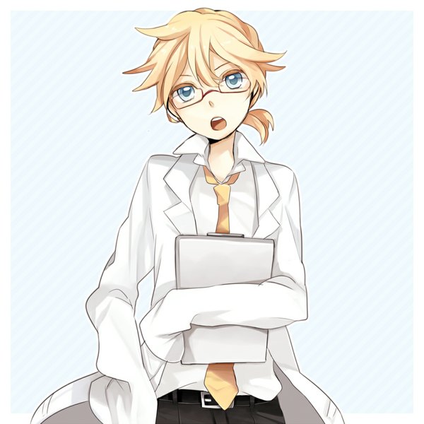 Anime picture 1000x1000 with vocaloid kagamine len tama (songe) single looking at viewer short hair open mouth blue eyes simple background blonde hair border blue background outside border boy glasses necktie labcoat