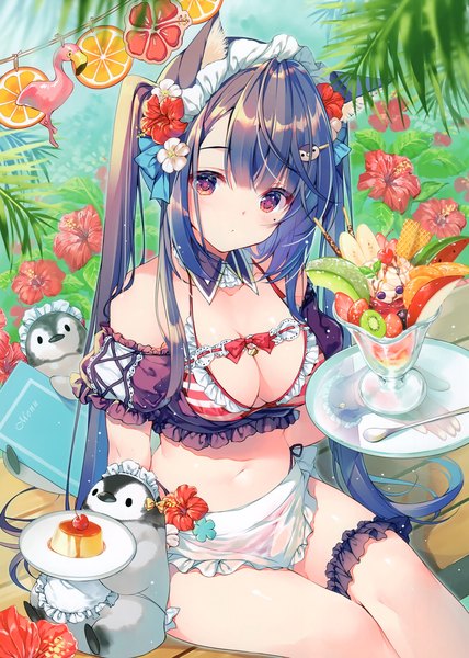 Anime picture 2105x2952 with original miwabe sakura single long hair tall image looking at viewer blush fringe highres breasts light erotic black hair red eyes sitting twintails bare shoulders holding animal ears payot ahoge