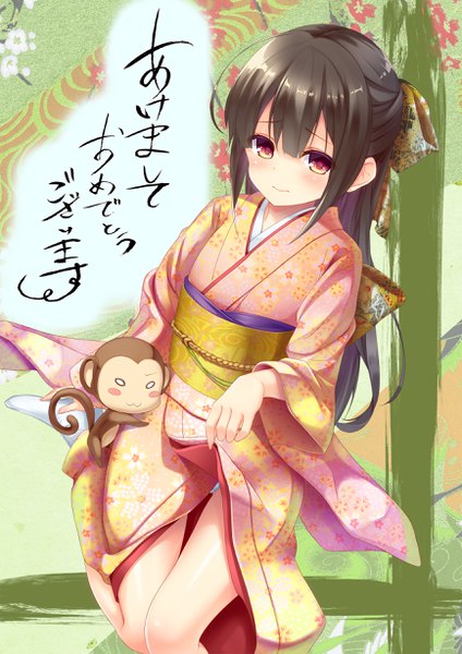 Anime picture 1736x2455 with original mafuyun single tall image blush fringe highres light erotic hair between eyes red eyes brown hair traditional clothes japanese clothes floral print half updo new year happy new year akeome girl ribbon (ribbons)