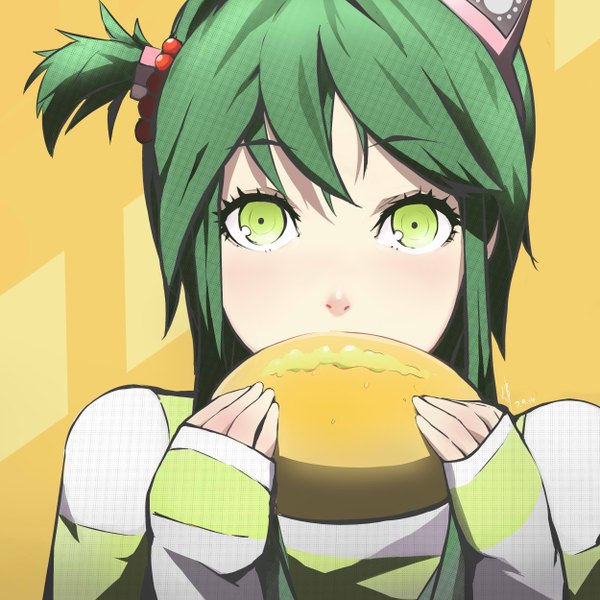 Anime picture 2500x2500 with guweiz single looking at viewer blush fringe highres short hair simple background green eyes green hair eating orange background girl clothes melon